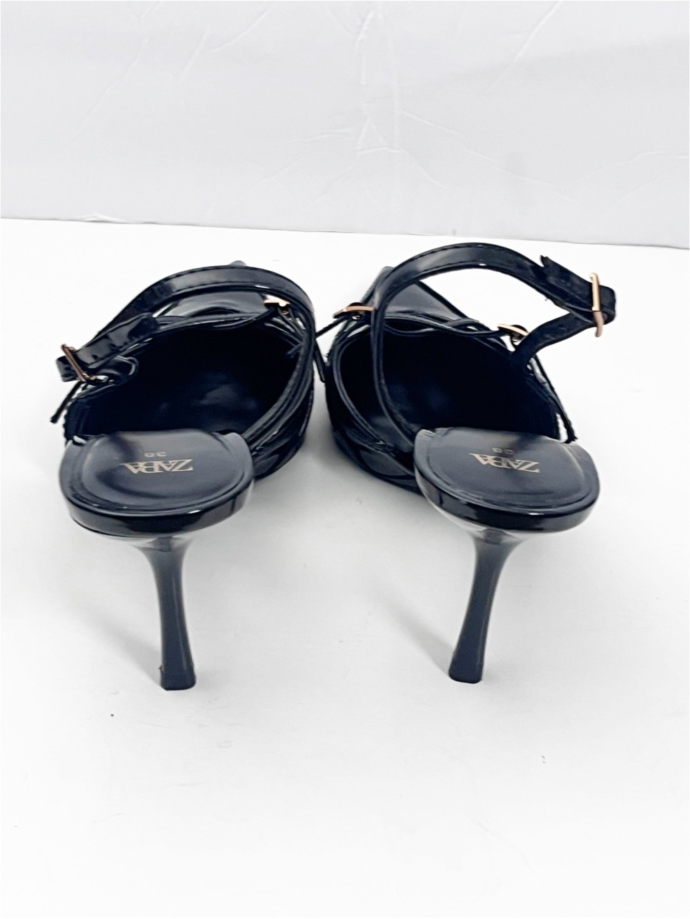 ZARA Black Patent Leather Strappy Pointy Toe Slingback Heels Size 38 Classic - Picture 10 of 11